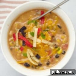 15 Minute Creamy Chicken Enchilada Soup 7 A bowl of creamy chicken enchilada soup garnished with shredded cheddar cheese, fresh cilantro, and crispy tortilla strips.