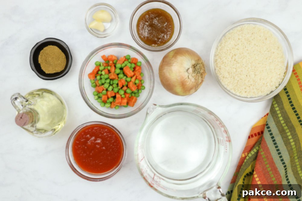 Vibrant Mexican Veggie Rice 3 Ingredients for Restaurant Style Mexican Rice laid out on a kitchen counter