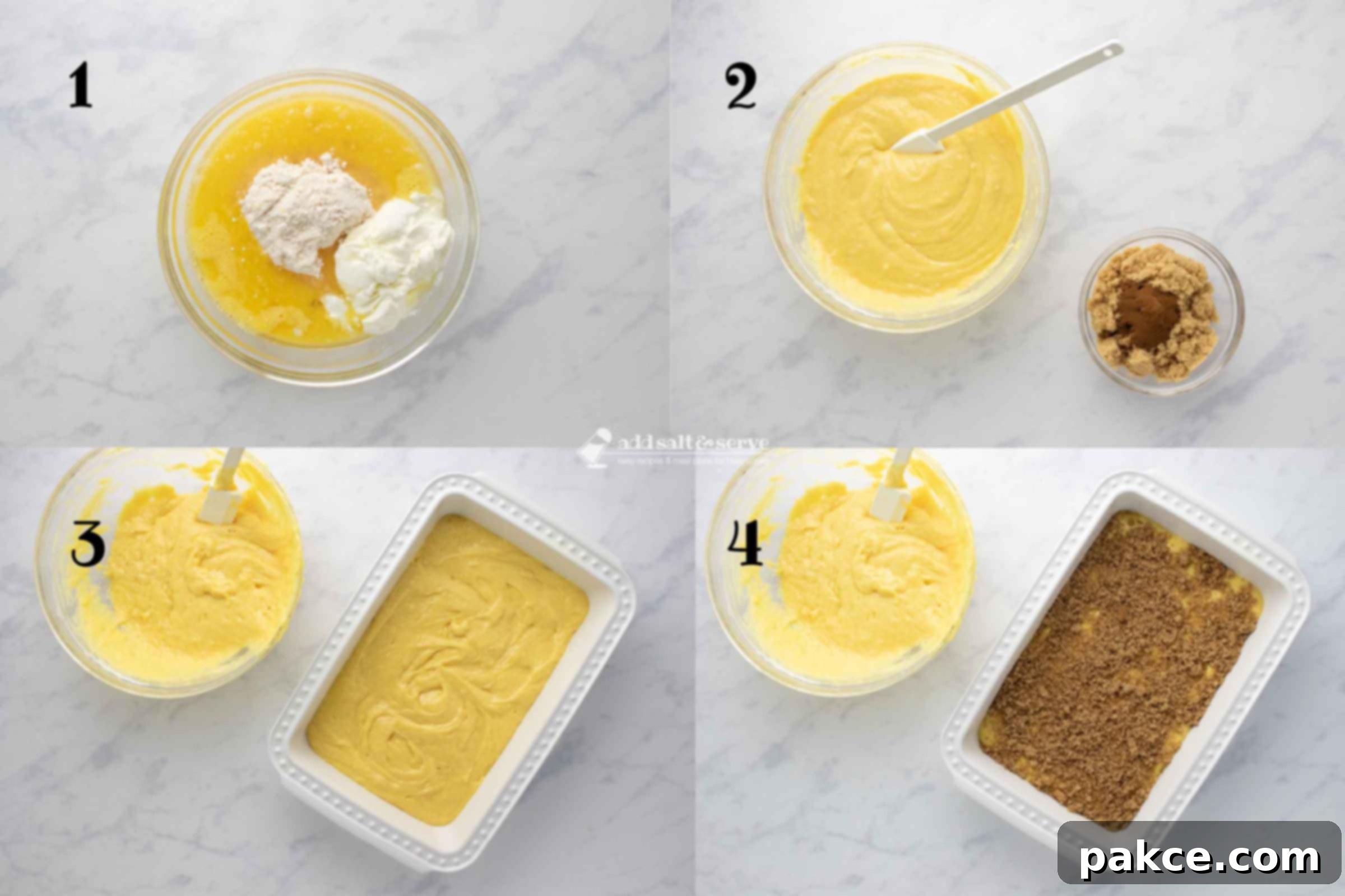 Honey-Glazed Cinnamon Swirl Cake 4 Composite image showing steps to make honey bun cake: 1 - Place cake mix, oil, eggs, and sour cream in a bowl; 2 - Mix well and in a separate bowl combine the cinnamon and brown sugar; 3 - Spread half of the cake batter in a prepared baking pan; 4 - Sprinkle half of the brown sugar mixture over the batter in the baking pan.