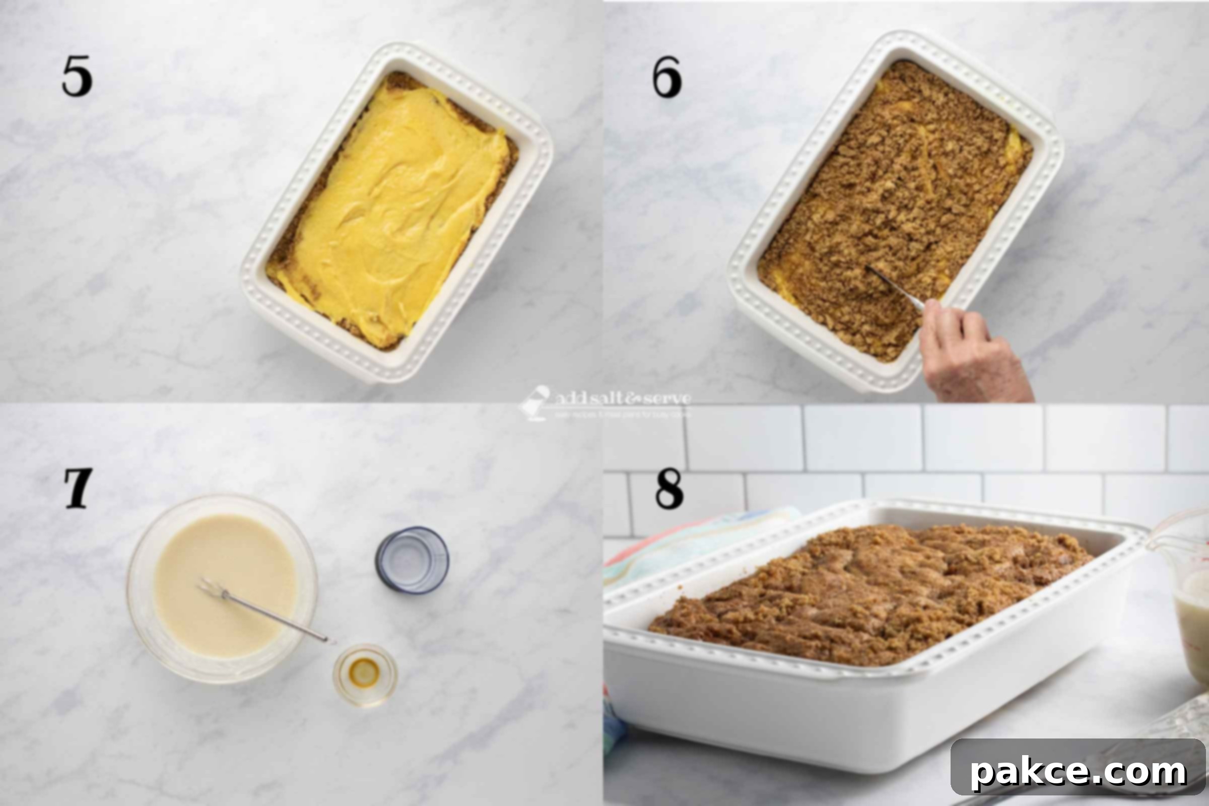 Honey-Glazed Cinnamon Swirl Cake 5 Composite image showing steps to make honey bun cake: 5 - Spread the remaining cake batter over the brown sugar mixture in the pan; 6 - Sprinkle the remaining cinnamon and brown sugar over the batter in the baking pan and use a knife to make swirls in the batter; 7 - Make the glaze by mixing the powdered sugar, milk, and vanilla; 8 - Bake the cake.