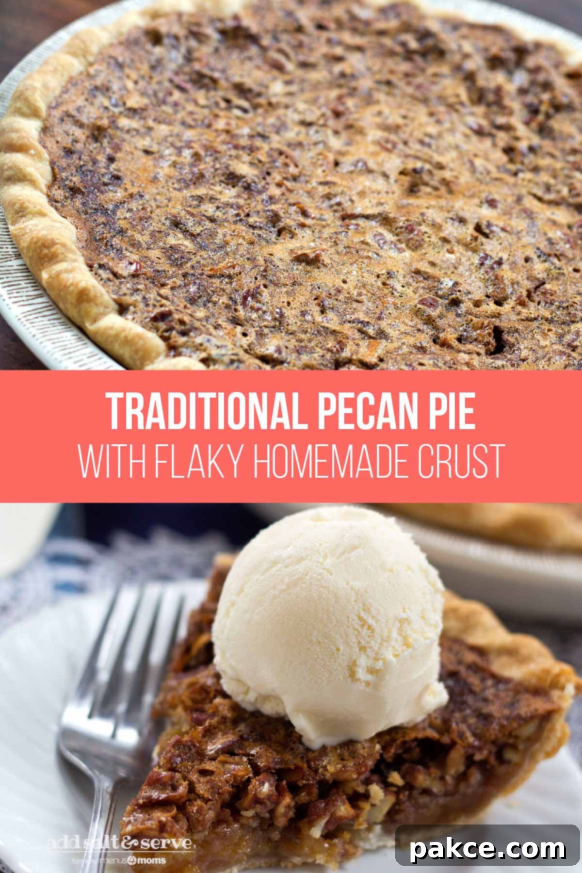 Homemade pecan pie topped with a scoop of vanilla ice cream