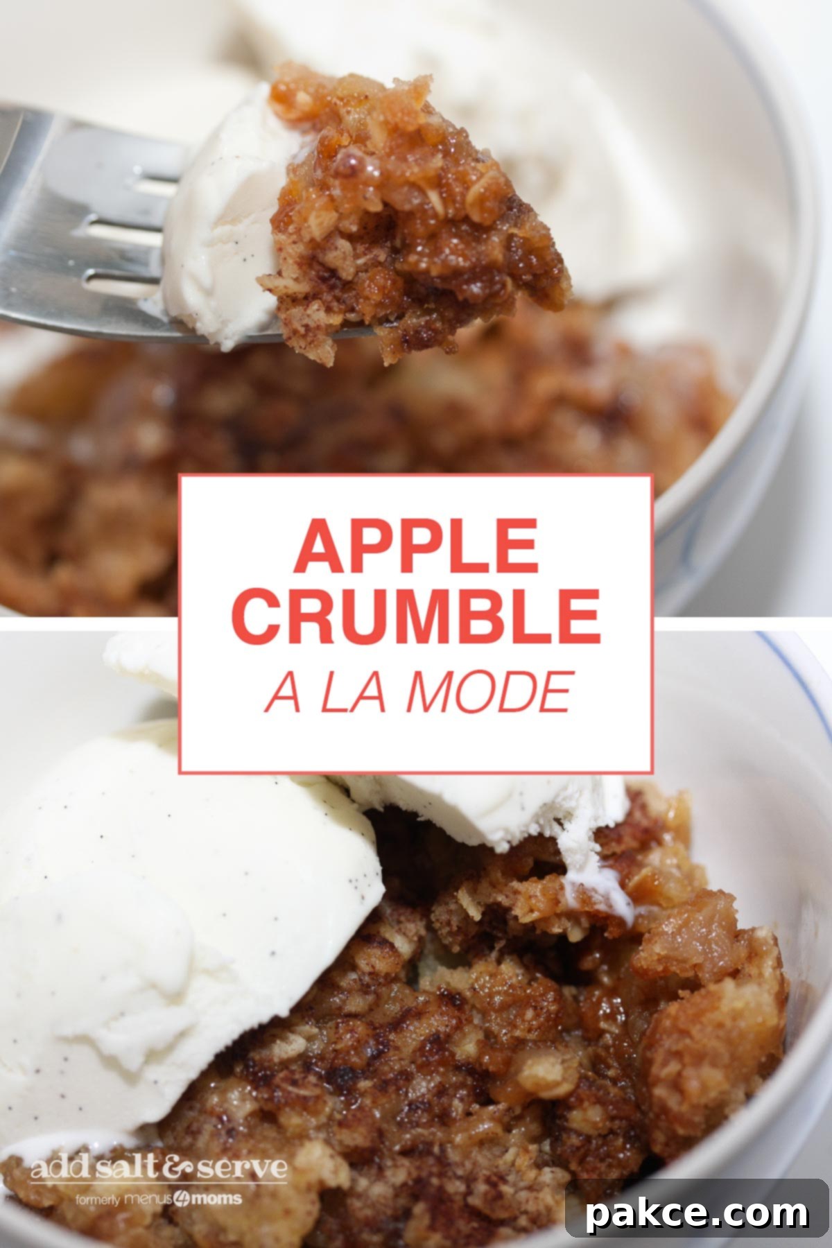 Golden Apple Crumble Perfection 4 A fork picking up a bite of Apple Crumble topped with ice cream.