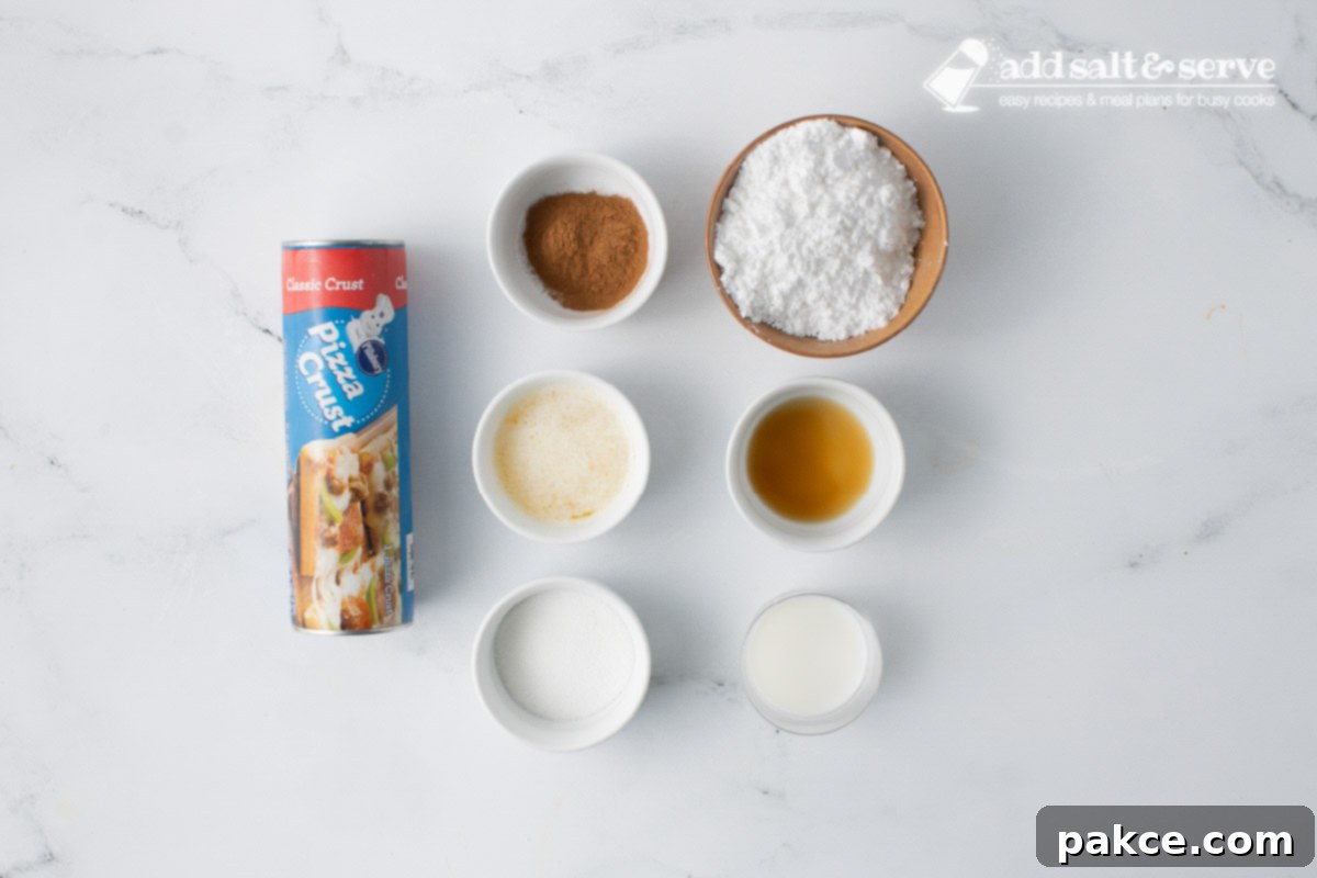 Effortless Cinnamon Sticks from Pizza Dough 3 Ingredients for cinnamon sticks (pizza crust dough, cinnamon, sugar, butter, vanilla, milk, powdered sugar).
