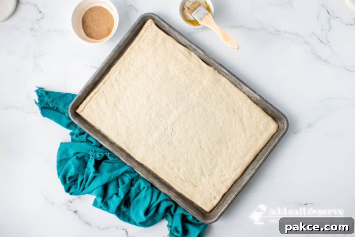 Effortless Cinnamon Sticks from Pizza Dough 5 Pizza crust dough rolled out on a baking pan with melted butter and cinnamon sugar on the side.
