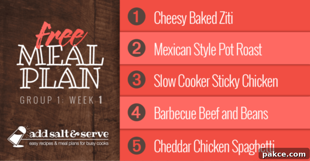 Free Meal Plan for Group 1: Week 1 - Cheesy Baked Ziti, Mexican Style Pot Roast, Slow Cooker Sticky Chicken, Barbecue Beef and Beans, Cheddar Chicken Spaghetti