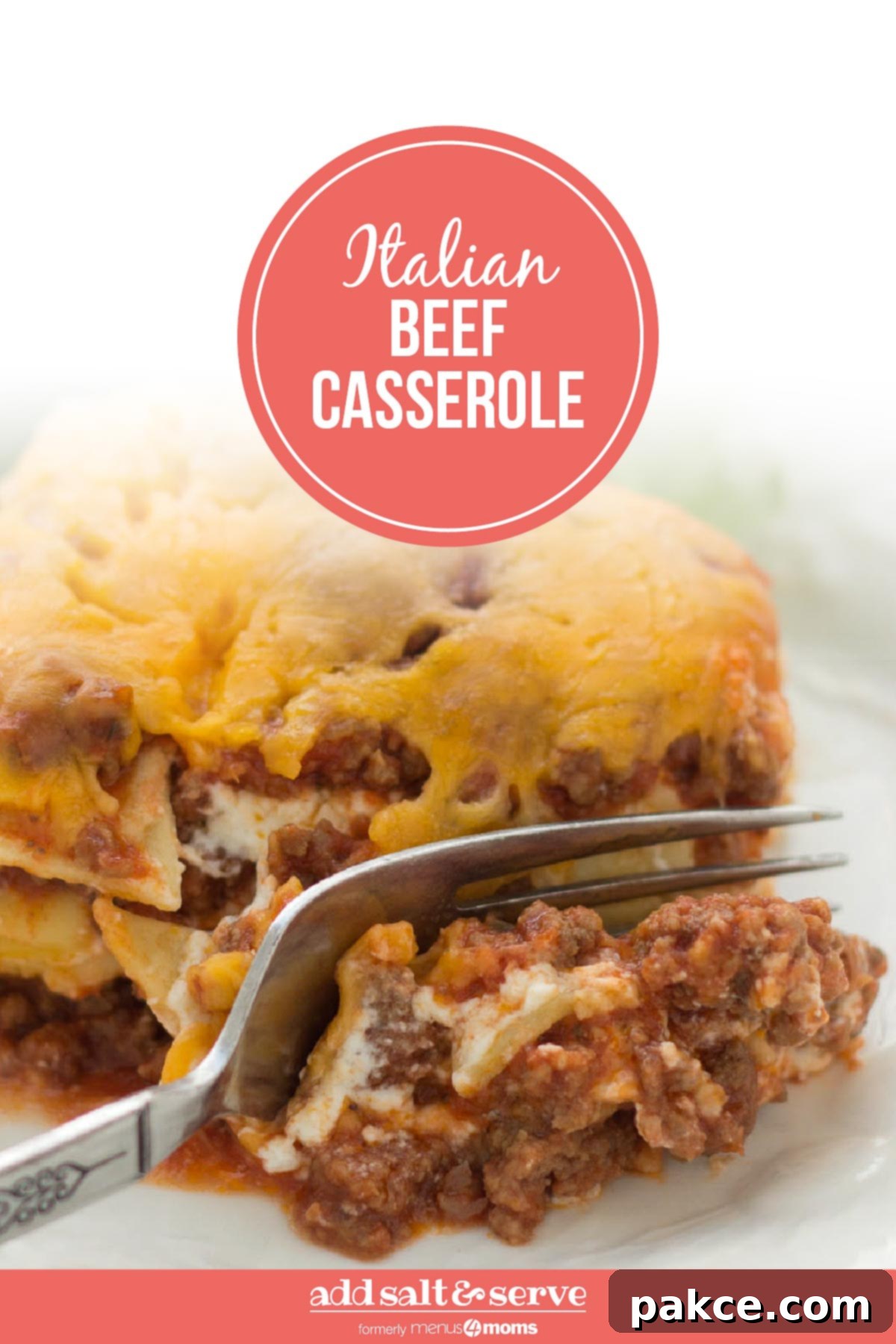 A slice of Layered Italian Beef Casserole being cut by a fork, ready to be served