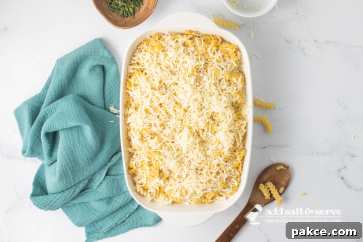 Creamy Alfredo Rotini Bake 11 The Rotini Pasta Bake after 35 minutes of baking, removed from the oven and uncovered, now topped with the remaining shredded mozzarella cheese, ready for its final uncovered bake.