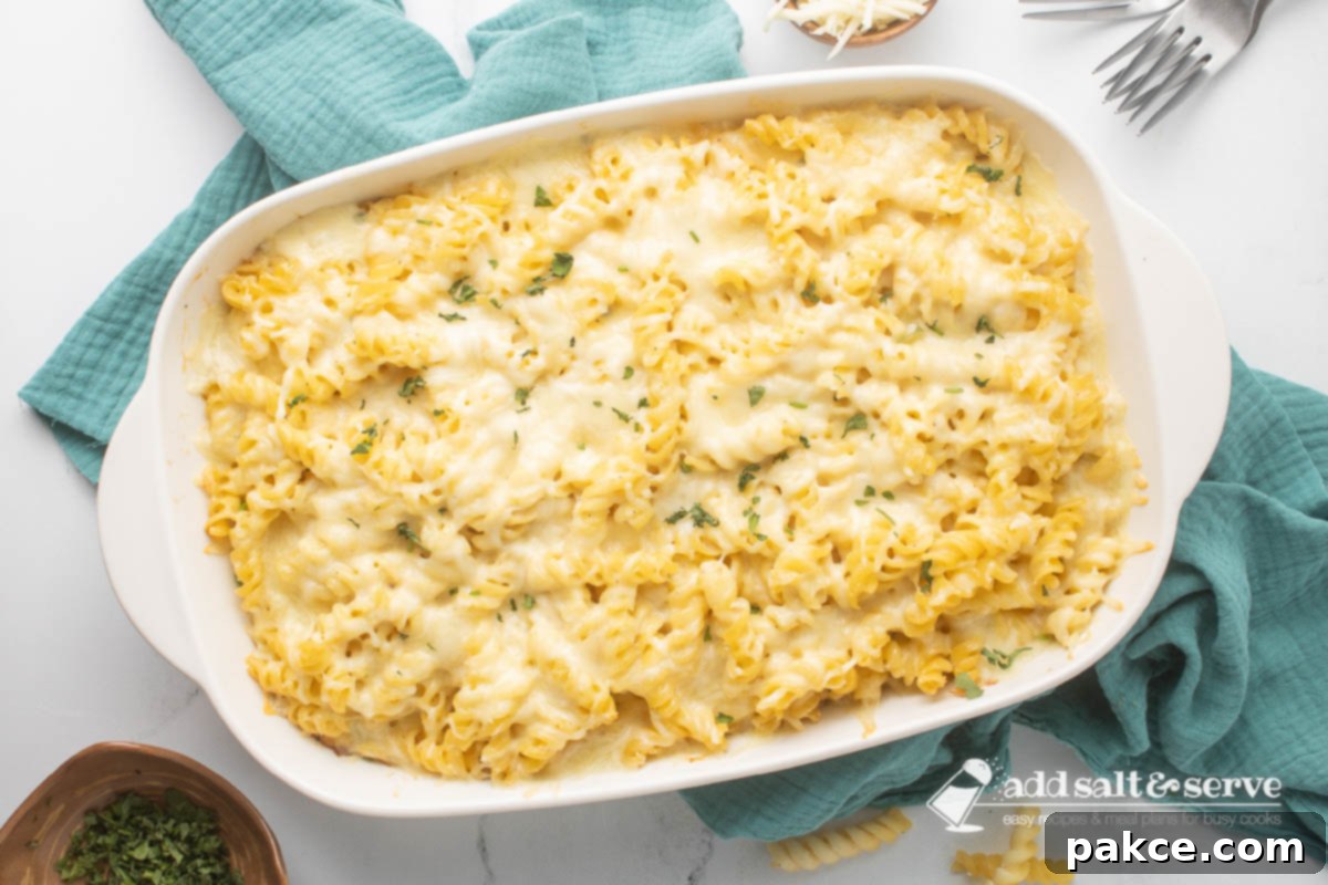 Creamy Alfredo Rotini Bake 12 The finished, golden-brown Rotini Pasta Bake in a white baking dish, resting on a tea towel. Forks, extra shredded cheese, and chopped fresh parsley are arranged around the pan, ready for serving.