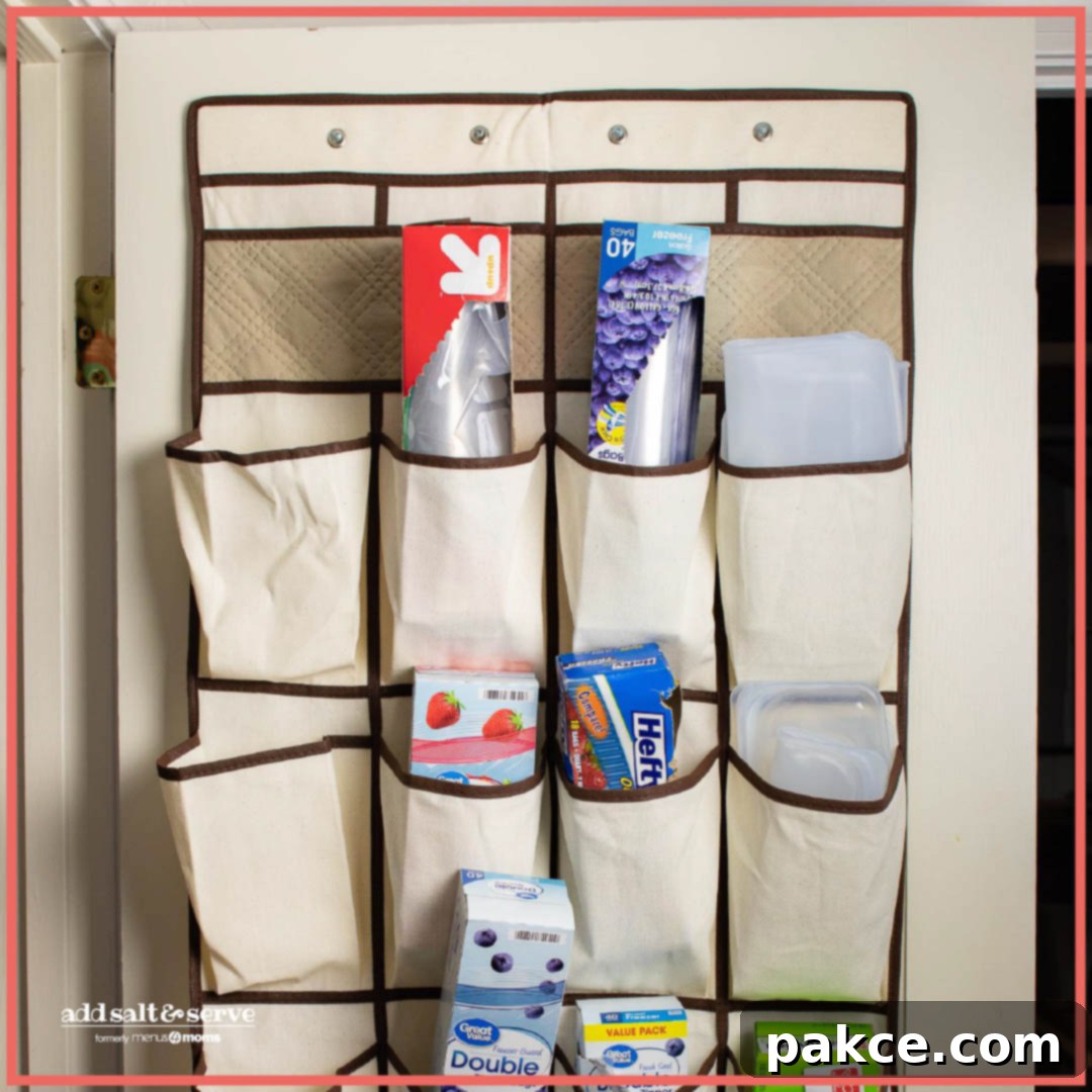 Pantry Perfection: Simple Organizing Tricks 3 A repurposed over-the-door shoe organizer hanging on a pantry door, filled with various food baggies and reusable silicone bags in its clear pockets.