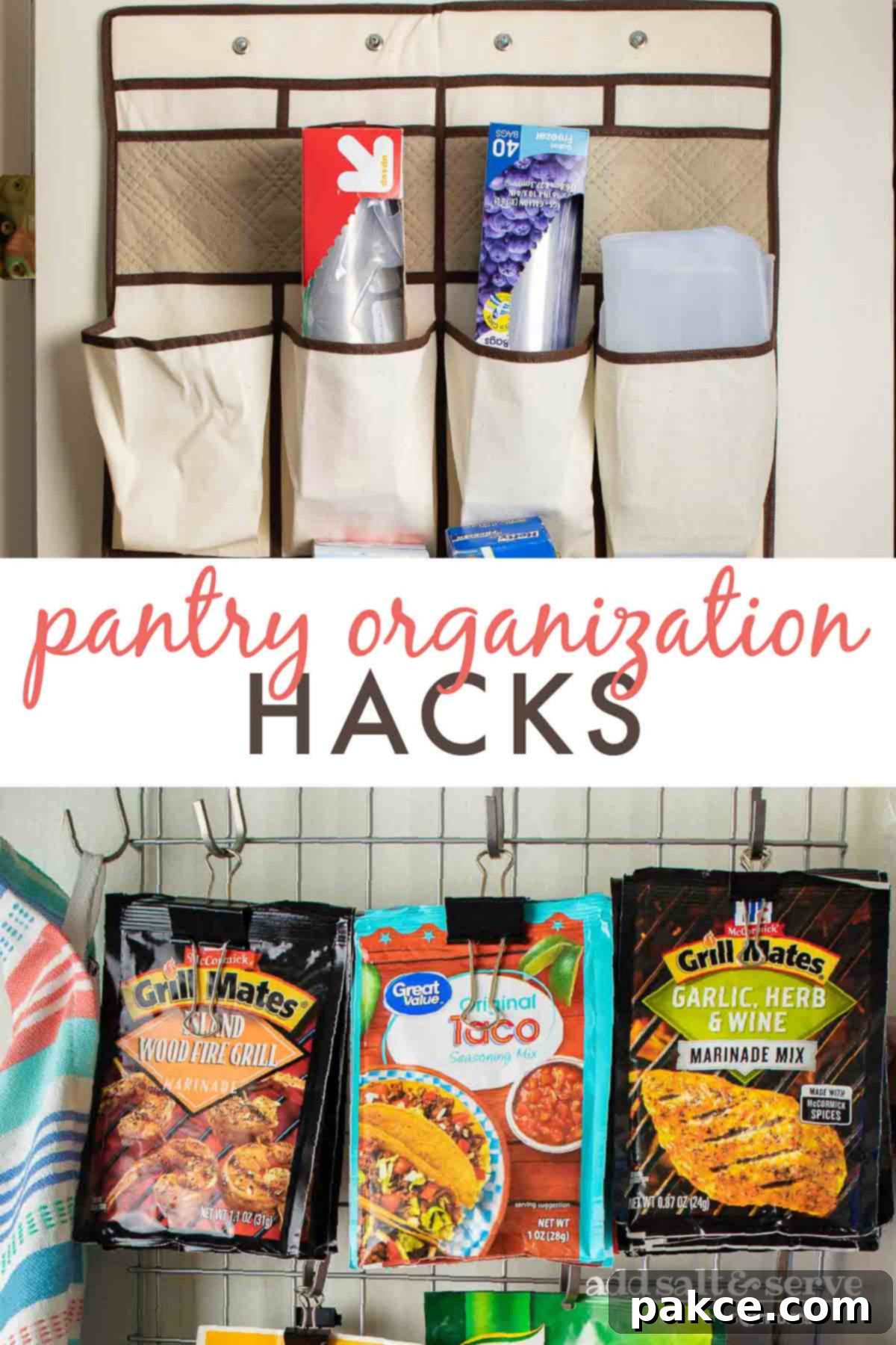Pantry Perfection: Simple Organizing Tricks 5 Pantry organization hacks featured, including hanging sauce packets on s-hooks and clips, and storing food baggies in an over-the-door shoe organizer. A caption suggests that real pantries have varied items, and these hacks help maintain organization.
