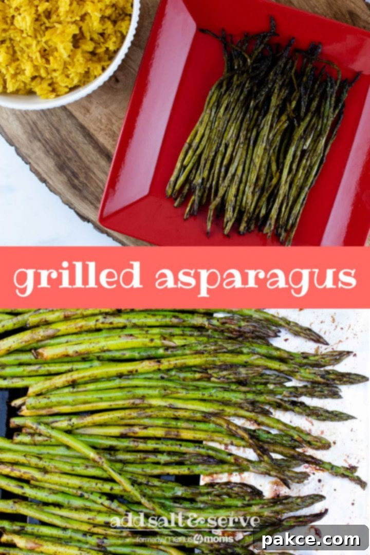 composite image with top image showing grilled asparagus on a red serving plate placed on a wood serving tray with a bowl of yellow rice and a tea towel to the side and bottom image showing asparagus in balsamic vinegar in a marinating container and text grilled asparagus