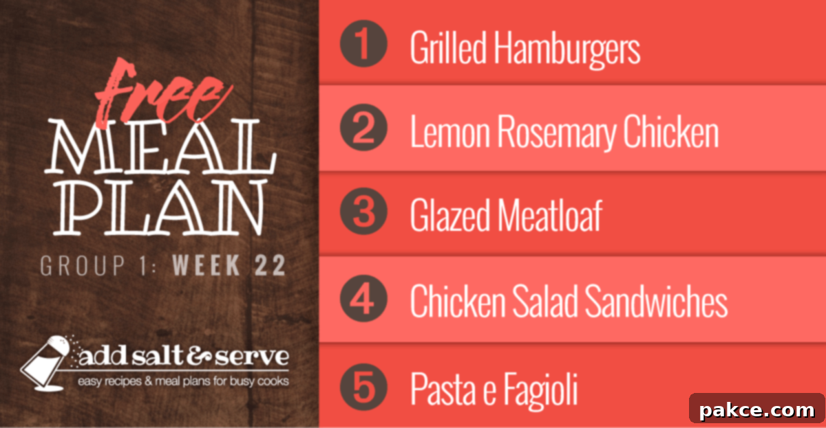 A vibrant collage displaying the Week 22 Meal Plan dishes: Grilled Hamburgers, Lemon Rosemary Chicken, Glazed Meatloaf, Chicken Salad Sandwiches, and Pasta e Fagioli, highlighting a week of diverse and delicious family dinners.