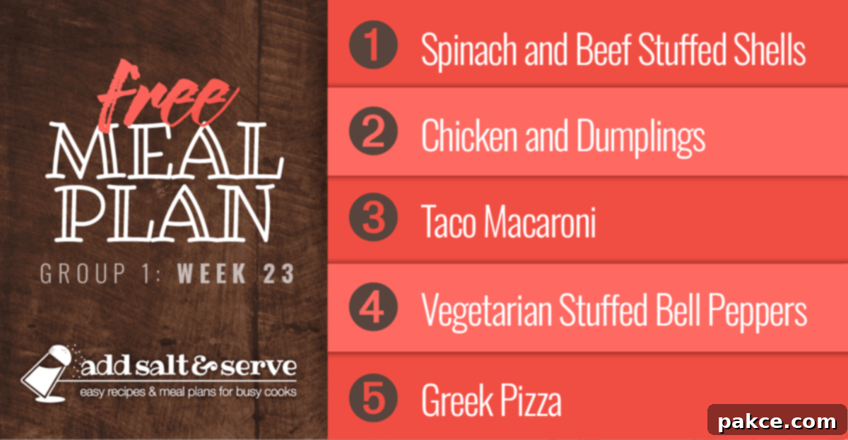 Free Meal Plan for Week 23 (Group 1) featuring Stuffed Shells, Crockpot Chicken and Dumplings, Taco Macaroni, Stuffed Bell Peppers, and Greek Pizza, perfect for family dinners and meal prep.
