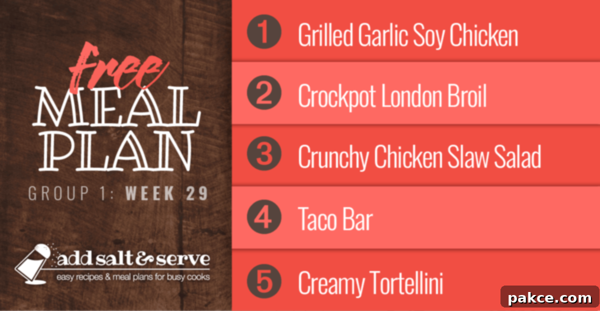 A vibrant meal plan graphic featuring grilled chicken, slow-cooker London broil, crunchy chicken slaw salad, a colorful taco bar, and creamy tortellini for Week 29.
