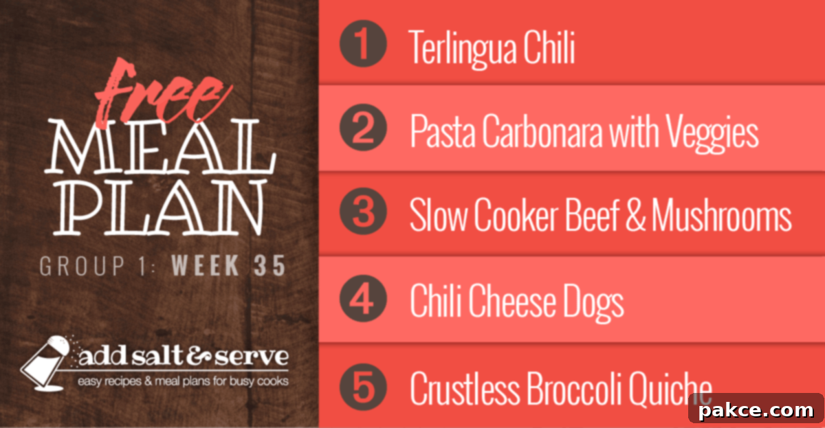 Meal Plan for Week 35 (Group 1): Terlinga Chili, Pasta Carbonara with Tomatoes, Slow Cooker Beef & Mushrooms, Chili Cheese Hot Dogs, Crustless Broccoli Quiche.