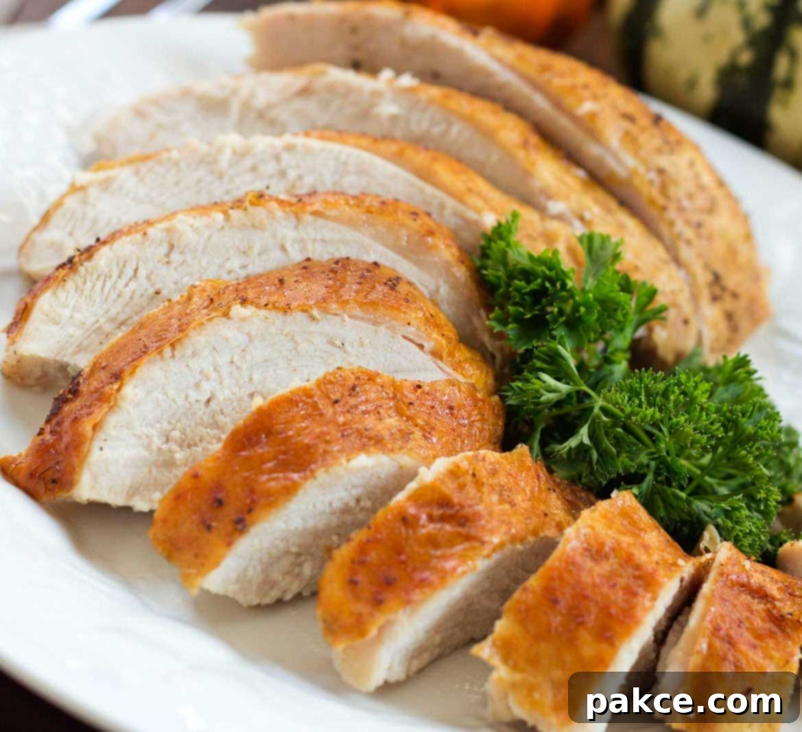 Sliced roasted turkey breast with golden brown skin on a white plate garnished with fresh parsley, ready to be served for a holiday meal.