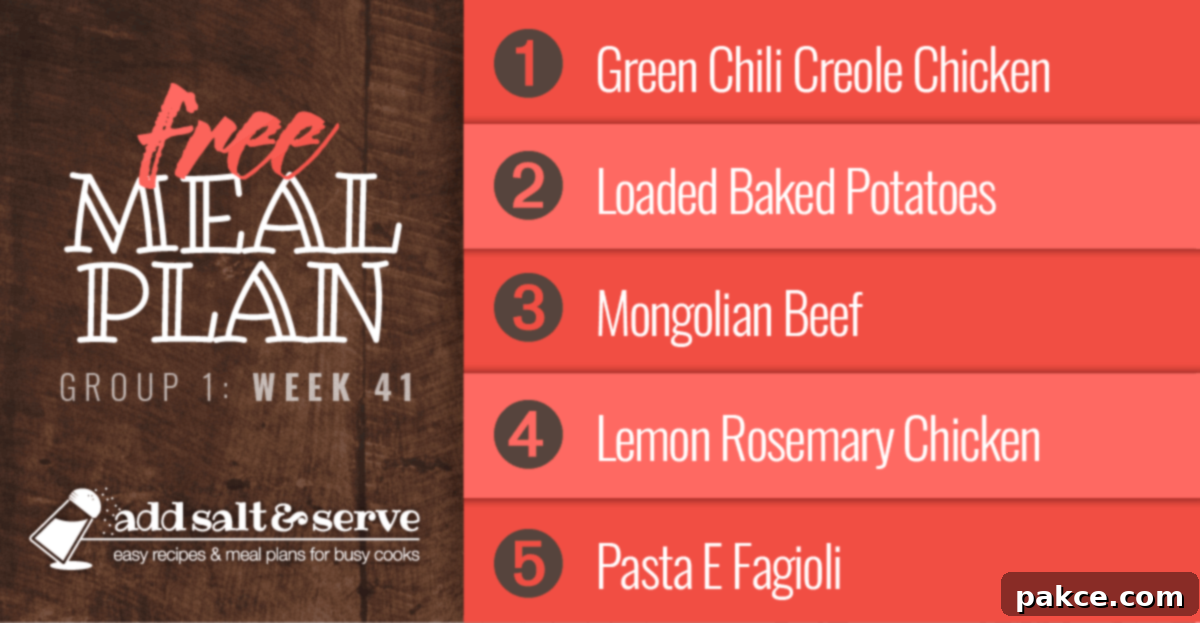 Meal Plan for Week 41 (Group 1): Creole Chicken over Rice, Loaded Baked Potatoes, Mongolian Beef over Rice, Lemon Rosemary Chicken, Pasta E Fagioli