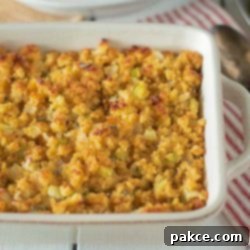 Free Smart Thanksgiving Meal Planner with Dynamic Shopping List 3 White baking dish with baked cornbread stuffing