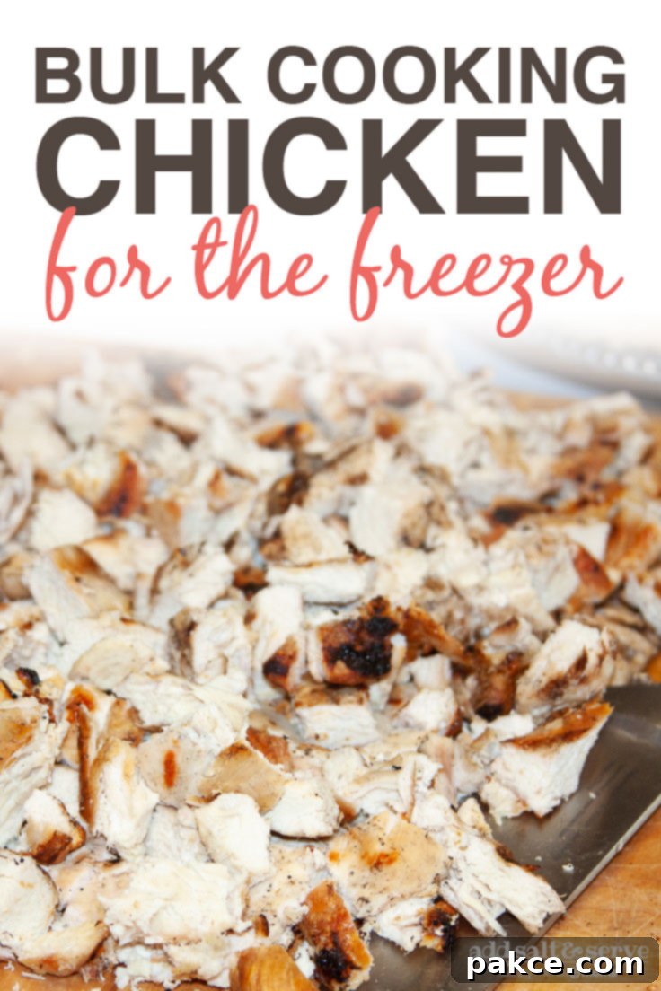 A high-angle shot of perfectly chopped grilled chicken on a wooden cutting board, accompanied by a sharp chef's knife, with a title overlay 'Bulk Cooking Chicken for the Freezer' and the 'Add Salt & Serve' logo, emphasizing meal prep convenience and efficiency.
