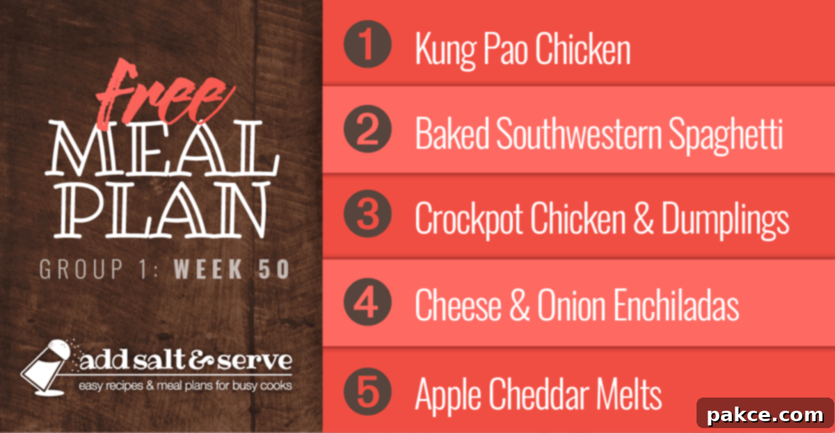 Free Weekly Meal Plan for Week 50 (Group 1): Kung Pao Chicken, Baked Southwestern Spaghetti, Easy Crockpot Chicken and Dumplings, Cheese and Onion Enchiladas, Apple Cheddar Melts