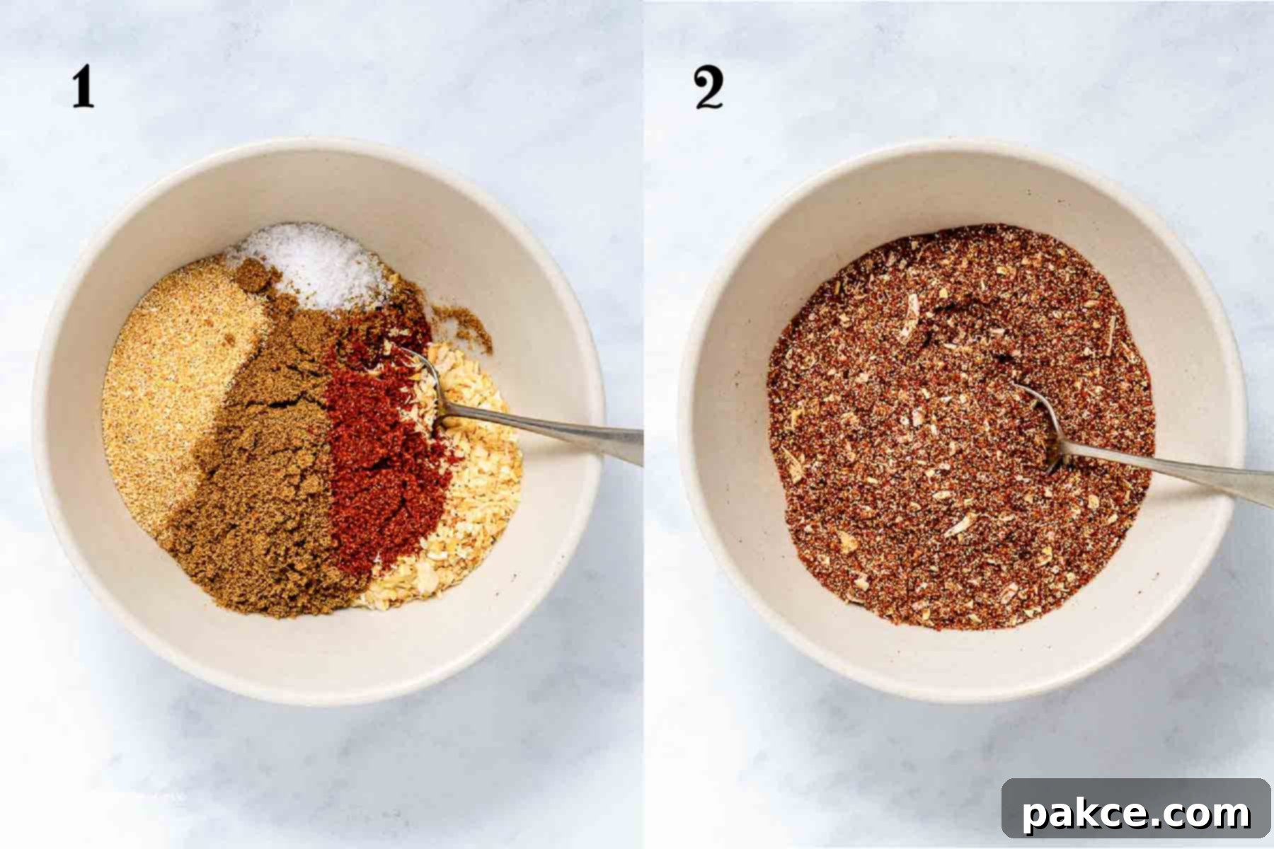 Terlingua Chili Championship Blend 3 Composite image showing six individual spices in bowls before mixing, and then after they are combined to form Terlingua Chili Mix.