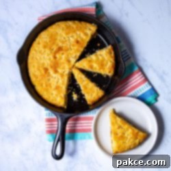 Simple Sweet Corn Cornbread 7 Sliced cornbread in a round cast iron skillet and piece of cornbread on a plate