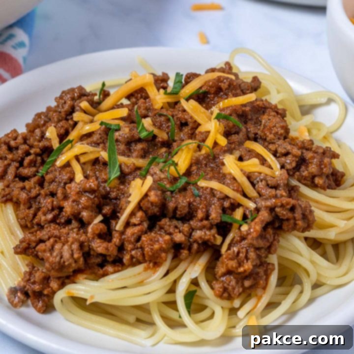 Terlingua chili over spaghetti garnished with cheese, a classic serving suggestion.