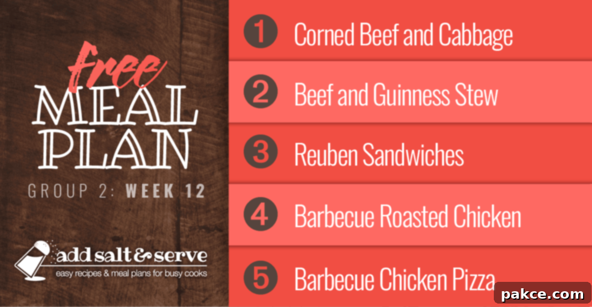 Free Meal Plan for Week 12 (Group 2): Corned Beef and Cabbage, Beef and Guinness Stew, Reuben Sandwiches, Barbecue Roasted Chicken, Barbecue Chicken Pizza