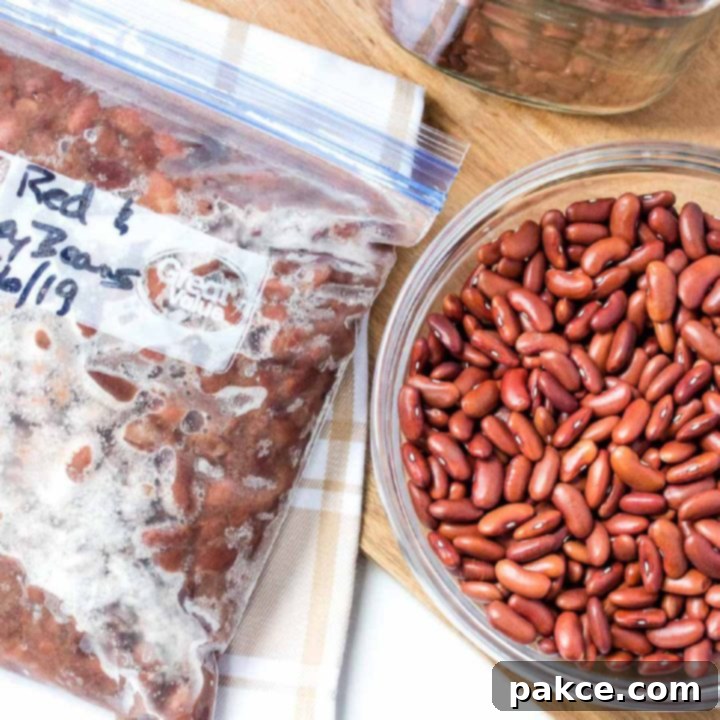 Overhead shot of bowl of dried kidney beans with a strainer and a bowl of great northern beans on a cutting board