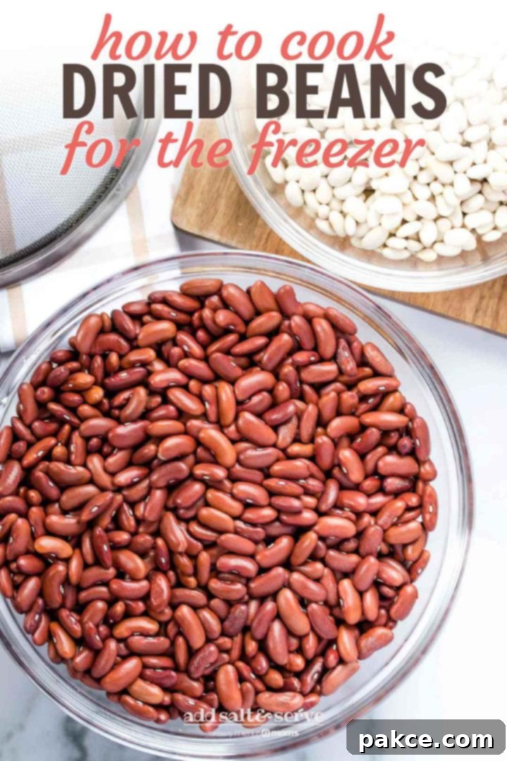 Batch Cooking Dried Beans for Freezing 3 Overhead shot of bowl of dried kidney beans with a strainer and a bowl of great northern beans on a cutting board; text How to Cook Dried Beans for the Freezer Add Salt & Serve formerly Menus4Moms