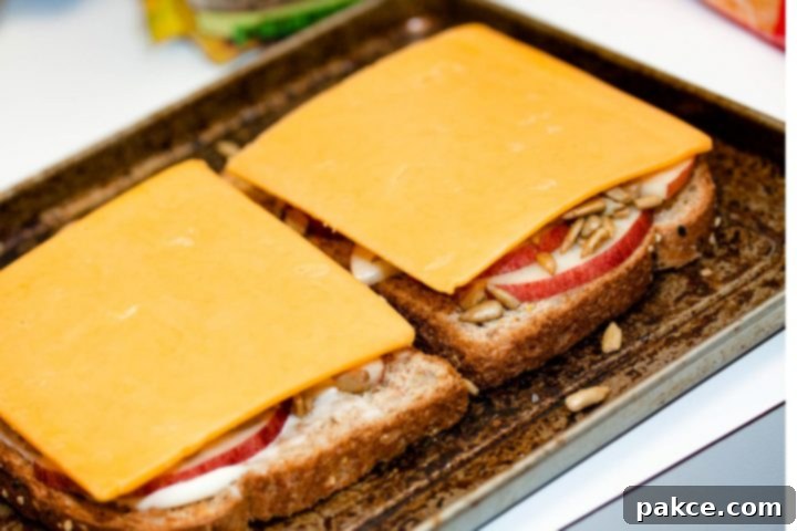Open-faced Apple Cheddar Melt Sandwich with bread, mayo, apple slices, sunflower seeds, and cheddar and text Add Salt & Serve