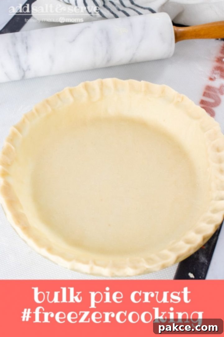 bulk-pie-crust-pin-2-min Unbaked pie crust in a pie pan, ready for filling, with a marble rolling pin and flour sack towel in the background, featuring text 'Bulk Pie Crust #freezercooking' for easy sharing on Pinterest.