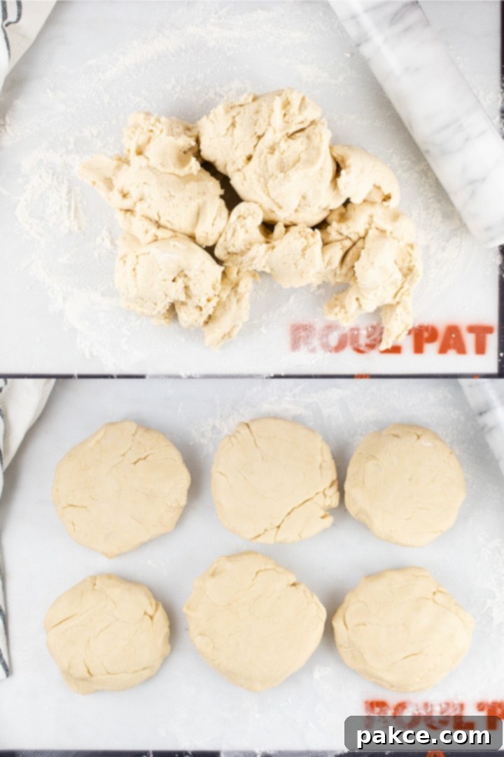 Composite image showing a lump of pie crust dough on a floured rolling mat and the same dough separated into six thick, round circles, clearly illustrating the prepared dough portions for freezing.