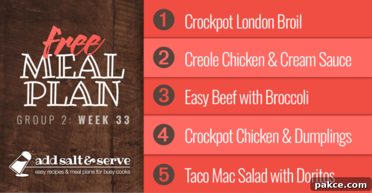 Overview of delicious recipes in the Week 33 family meal plan, including London Broil, Creole Chicken, Beef and Broccoli, Chicken & Dumplings, and Taco Mac Salad.