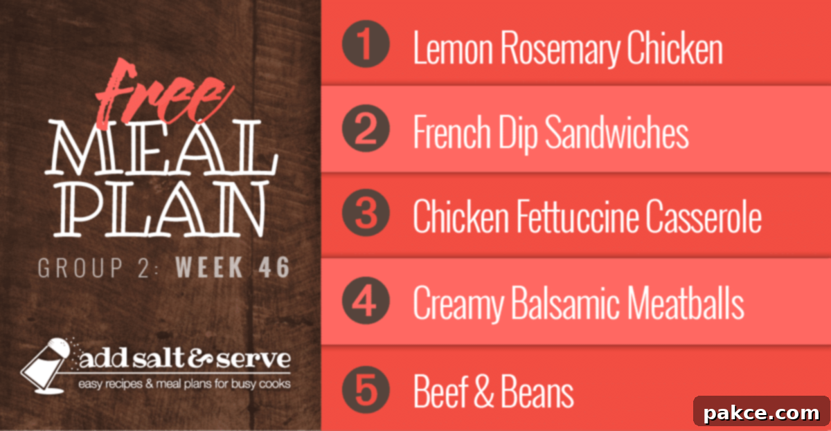 A vibrant weekly meal plan for week 46, featuring dishes like roasted chicken, sandwiches, and casseroles.