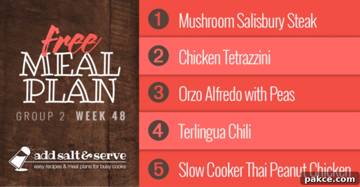 A vibrant collage showcasing the delicious meals for Week 48's Group 2 meal plan: Mushroom Salisbury Steak, Chicken Tetrazzini, Orzo Alfredo with Peas, Terlingua Chili, and Slow Cooker Thai Peanut Chicken. Perfect for stress-free weeknight cooking.