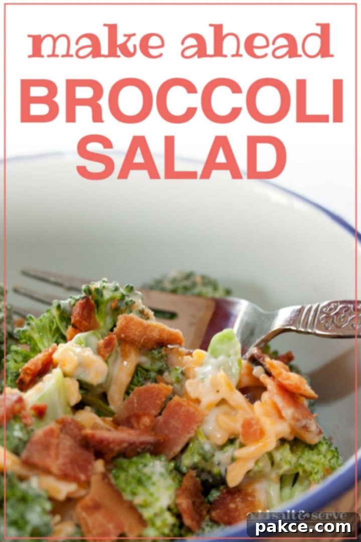 Broccoli, shredded cheddar cheese, bacon bits, and mayonnaise in a bowl with a fork; text Make Ahead Broccoli Salad Add Salt & Serve formerly Menus4Moms