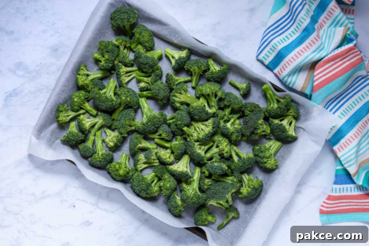 Garlic Roasted Broccoli 6 Broccoli florets neatly spread in a single layer on a parchment-lined baking sheet, prepared for seasoning.
