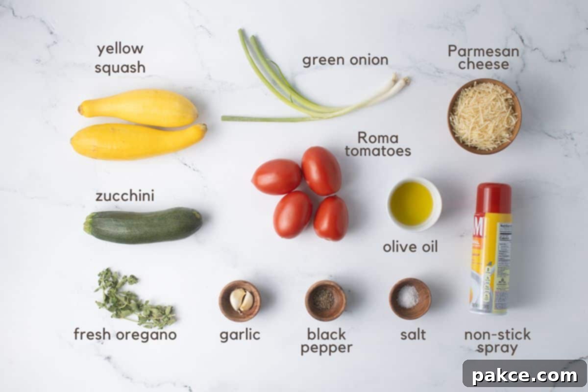 Garden Fresh Tomato and Squash Bake 3 Ingredients for Tomato and Squash Casserole: yellow squash, zucchini, green onion, roma tomatoes, Parmesan cheese, olive oil, non-stick spray, fresh oregano, garlic, black pepper, and salt.