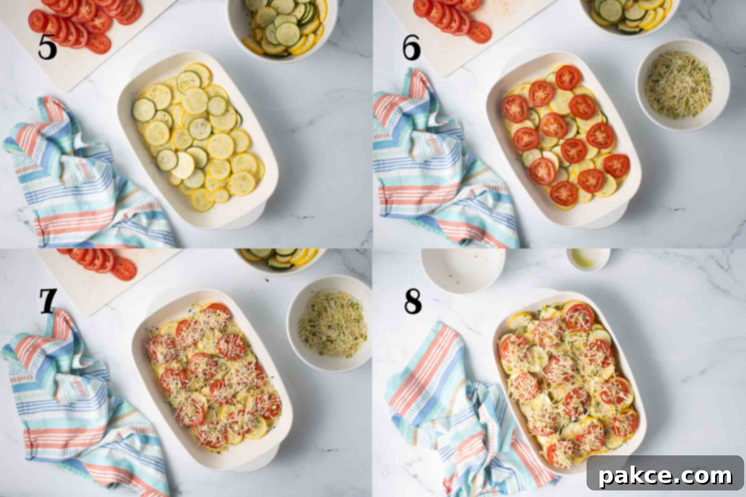 Garden Fresh Tomato and Squash Bake 5 Numbered composite image: 5 - layer of sliced zucchini and yellow squash in a baking dish; 6 - same baking dish after adding a layer of sliced tomatoes; 7 - same dish after adding a layer of cheese and herb mixture; 8 - dish after repeating all of the previous layers.