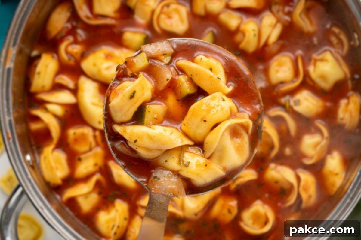 Vibrant Tomato Zucchini Soup with tortellini simmering gently in a large pot, ready to be served.