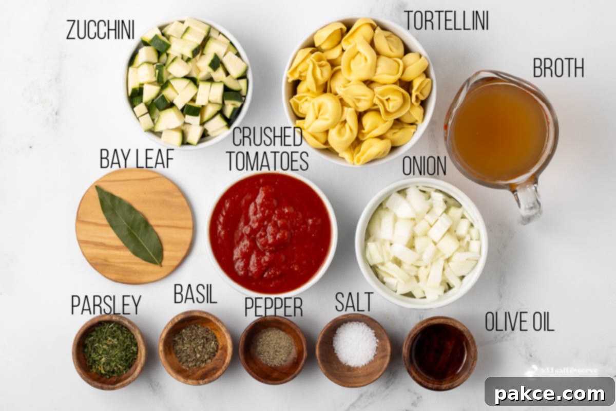 Hearty Tortellini Zucchini Soup 3 A selection of fresh ingredients laid out for Tomato Zucchini Soup, including zucchini, onions, olive oil, dried herbs, crushed tomatoes, and tortellini.