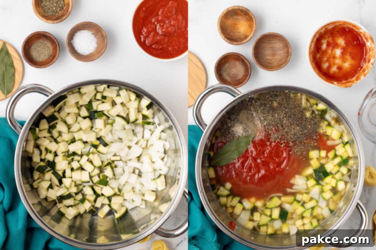 Hearty Tortellini Zucchini Soup 4 Composite image showing the initial steps of soup preparation: on the left, chopped zucchini, onions, and herbs are sautéing in olive oil; on the right, crushed tomatoes, broth, and more herbs have been added, creating a rich base.