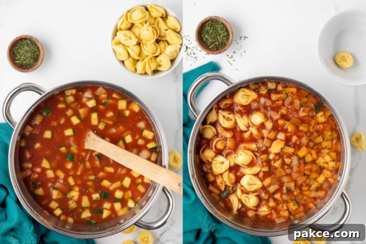 Hearty Tortellini Zucchini Soup 5 Composite image showing the next stage of soup preparation: on the left, the broth, tomatoes, zucchini, onions, and herbs are simmering; on the right, frozen tortellini has been added to the bubbling soup.