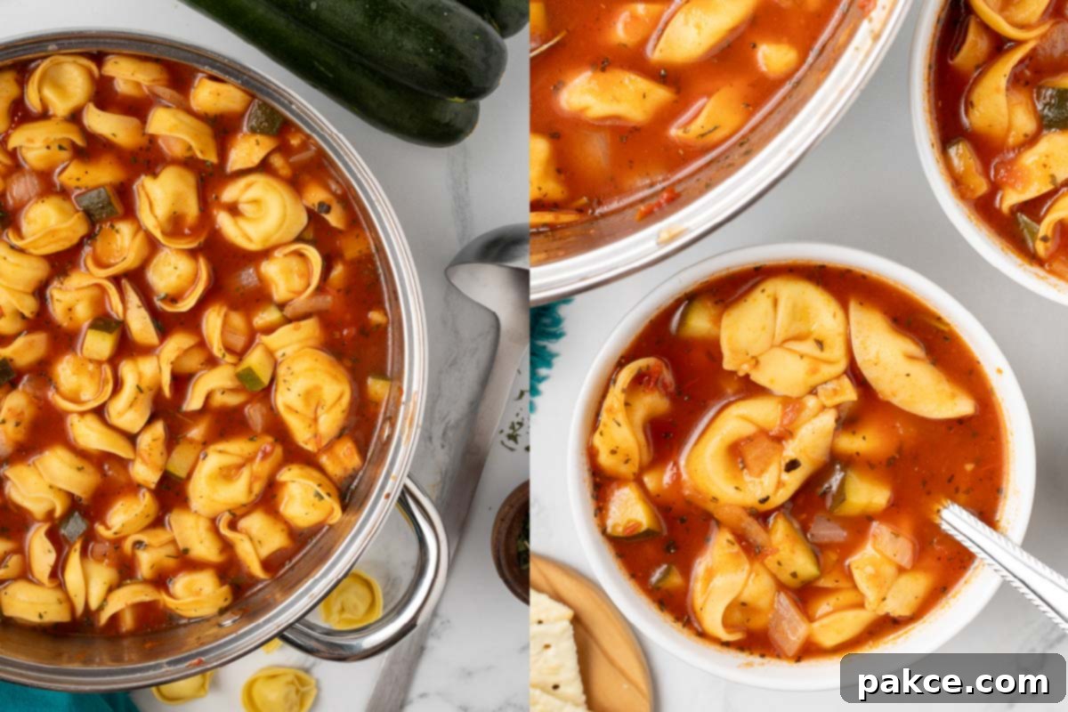 Hearty Tortellini Zucchini Soup 6 Composite image featuring the finished soup: on the left, the cooked tomato zucchini soup with tortellini in the pot; on the right, a close-up of the ready-to-eat soup served in a bowl with a spoon, garnished with fresh herbs.
