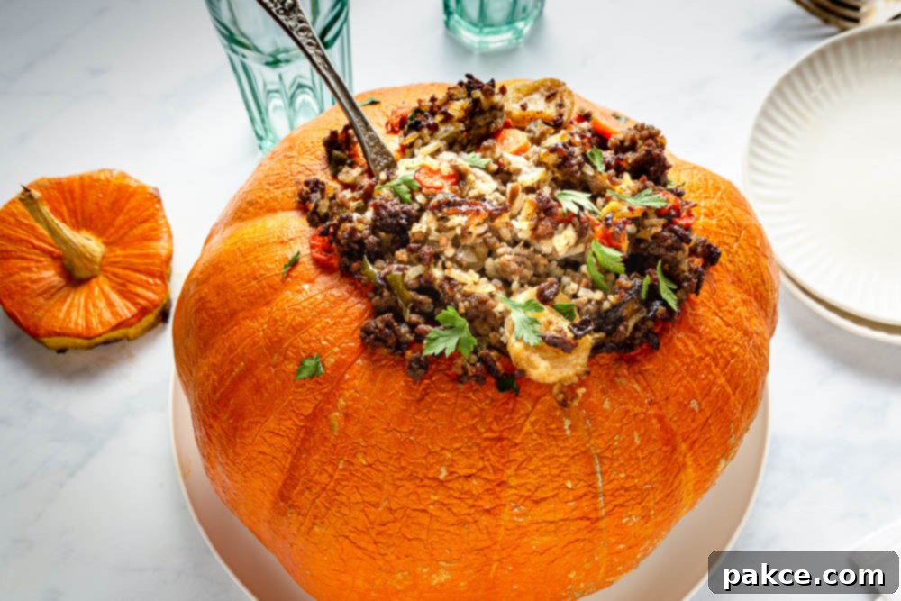 ground beef and rice dinner in a pumpkin, baked to perfection