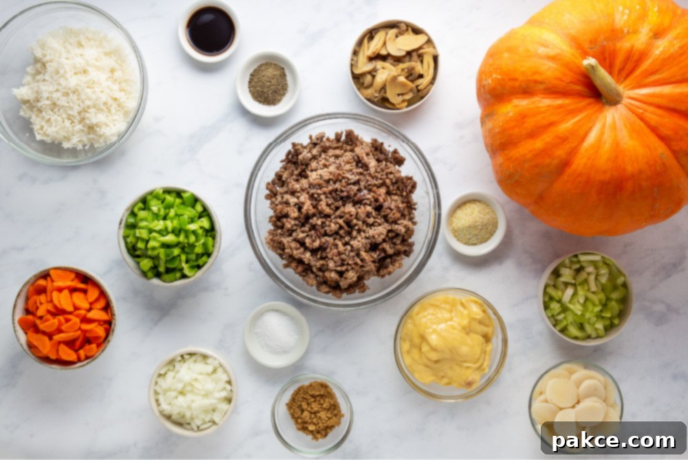 Harvest's Hollow Feast 3 ingredients for a hearty beef, rice, and vegetable dinner in a pumpkin