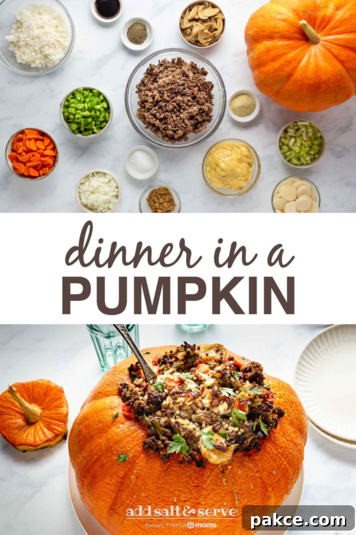Harvest's Hollow Feast 9 pinterest pin for ground beef and rice dinner in a pumpkin