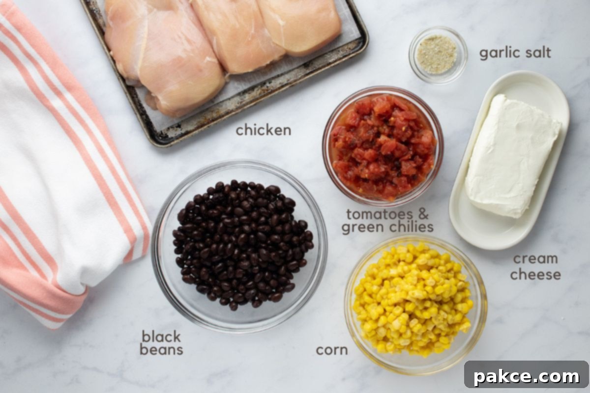 Celebration Chicken Pot 3 Ingredients for Crockpot Fiesta Chicken: boneless, skinless chicken breasts, black beans, corn kernels, fire-roasted Rotel tomatoes and green chilies, cream cheese, and garlic salt.