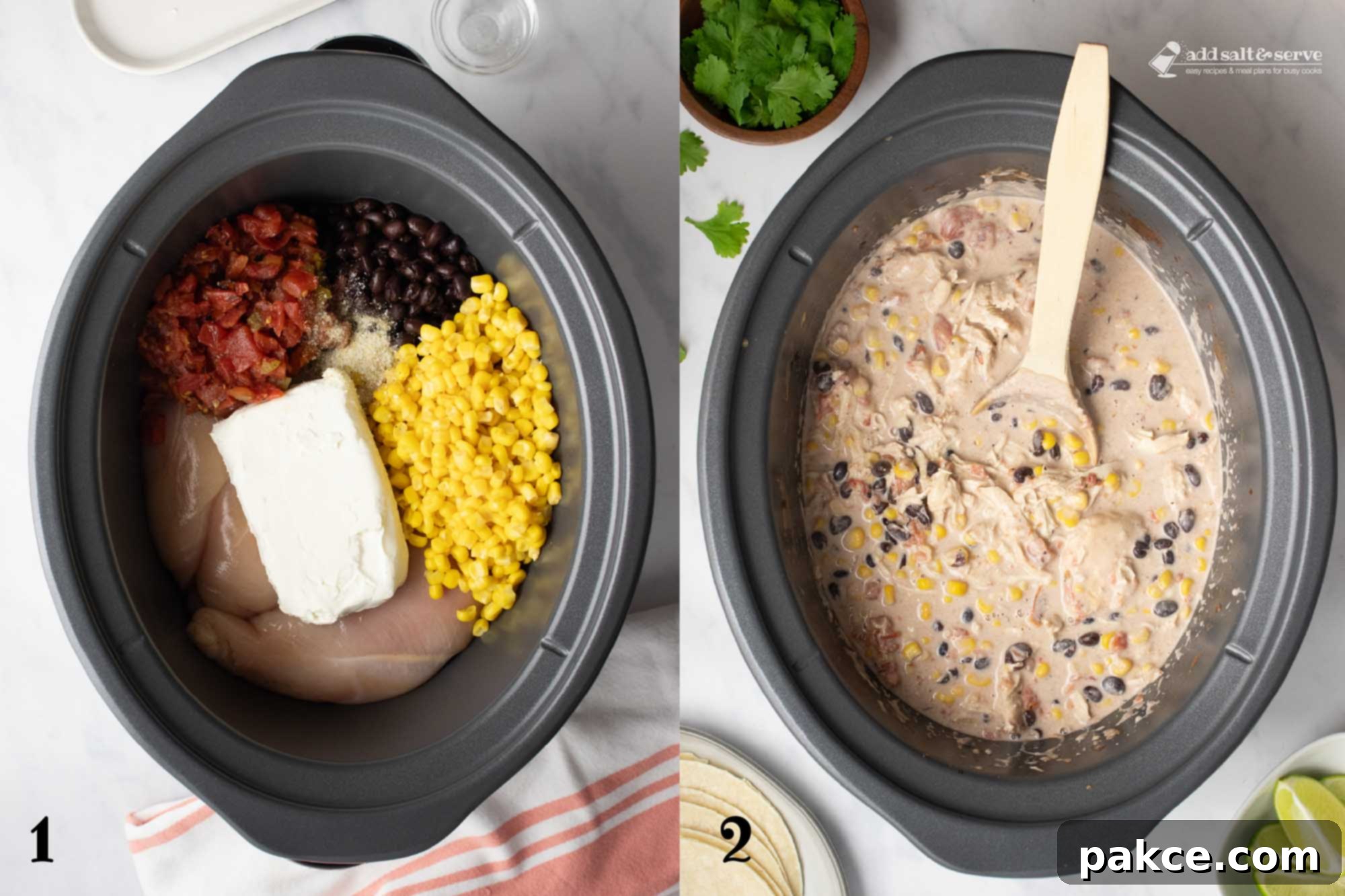 Celebration Chicken Pot 4 Composite image - left is numbered 1 and shows ingredients for crockpot fiesta chicken: boneless, skinless chicken breasts, black beans, corn kernels, diced tomatoes and green chilies, cream cheese, and garlic salt; right is numbered 2 and shows a crock pot with cooked chicken in creamy sauce with black beans, corn, and tomatoes.